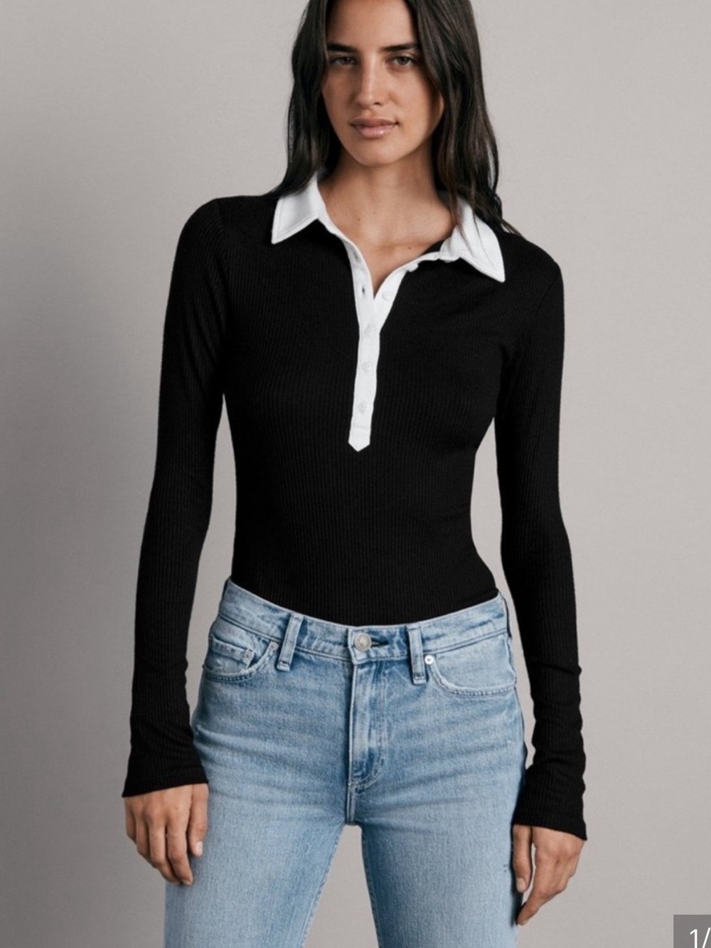 rag & bone Black & White Ribbed Polo Long Sleeve Top